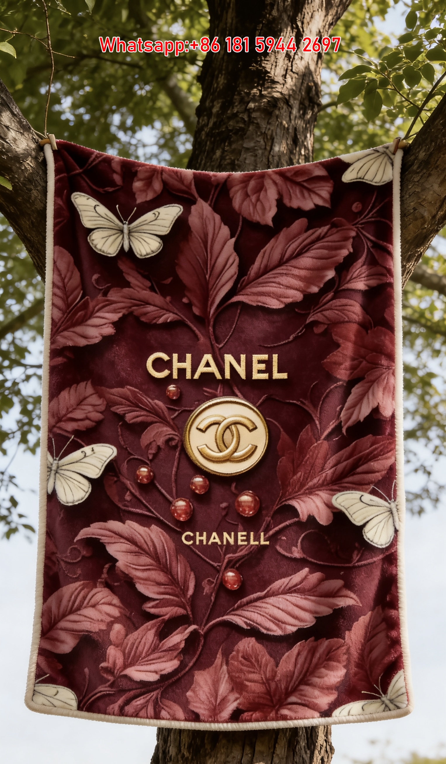 Chanel 3D Embossed CC Logo Burgundy Flannel Sofa Throw Blanket IMG_6716